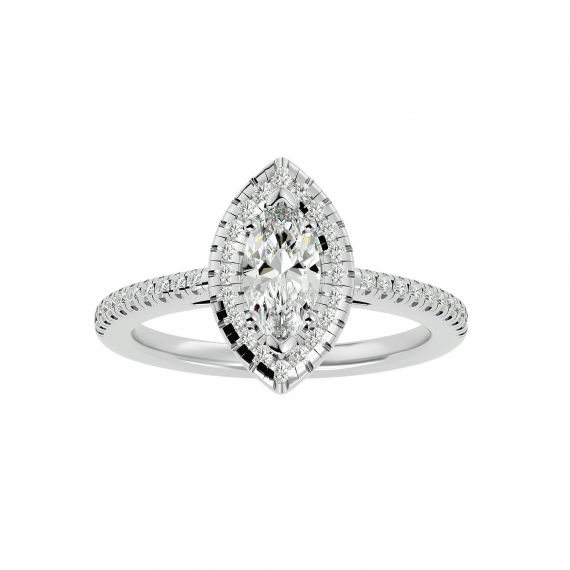 Solitaire Marquise Entouré et Pavé Femme Julie Marquise en Or Blanc 18 cts, Moissanite 1