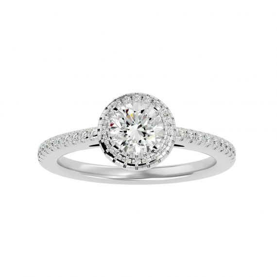 Solitaire Rond Entouré et Pavé Femme Julie en Or Blanc 18 cts, Moissanite 1