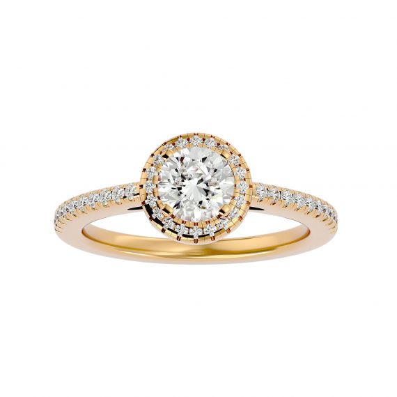 Solitaire Rond Entouré et Pavé Femme Julie en Or Jaune 18 cts, Moissanite 1