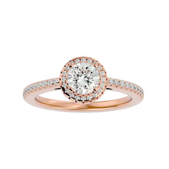 Solitaire Rond Entouré et Pavé Femme Julie en Or Rose 18 cts, Moissanite 1