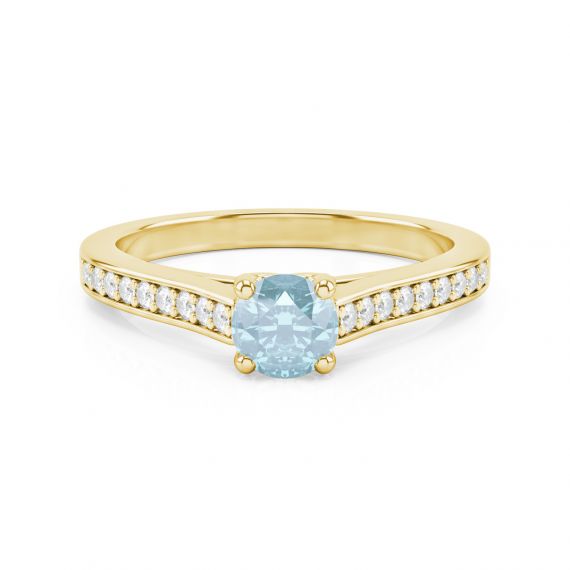 Solitaire Pavé Passion en Or Jaune 18 cts Aigue Marine et Diamant 1