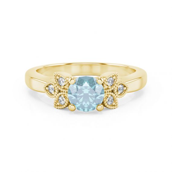 Bague Originale Tiana en Or Jaune 18 cts Aigue Marine et Diamant 1