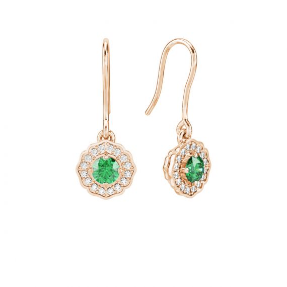 Boucles d'oreilles Belle en Or Rose 18 cts Emeraude et Diamant 1