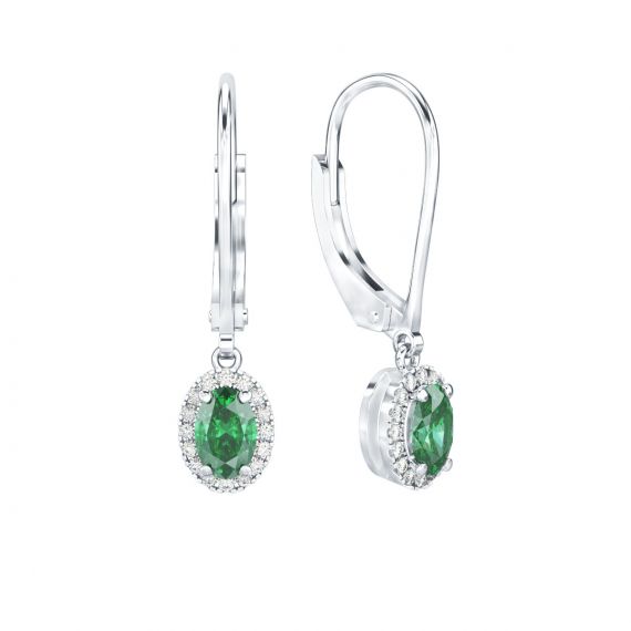 Boucles d'oreilles Halo Grace Ovale Ovale en Argent Emeraude et Diamant 1