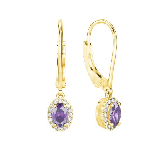 Boucles d'oreilles Halo Grace Ovale Ovale en Or Jaune 18 cts Améthyste et Diamant 1