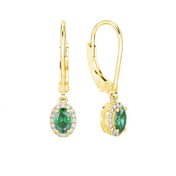 Boucles d'oreilles Halo Grace Ovale Ovale en Or Jaune 18 cts Emeraude et Diamant 1