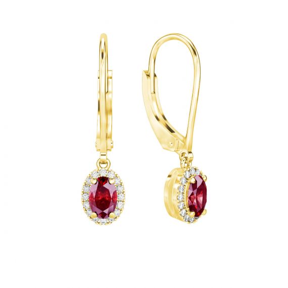 Boucles d'oreilles Halo Grace Ovale Ovale en Or Jaune 18 cts Grenat et Diamant 1