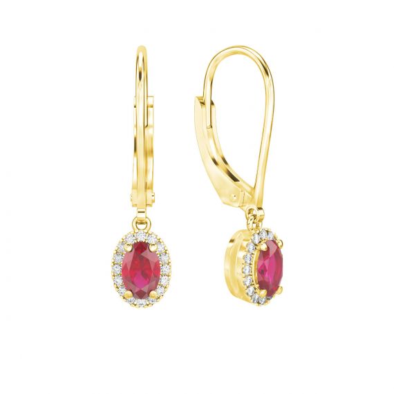 Boucles d'oreilles Halo Grace Ovale Ovale en Or Jaune 18 cts Rubis et Diamant 1