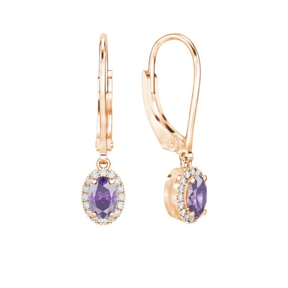 Boucles d'oreilles Halo Grace Ovale Ovale en Or Rose 18 cts Améthyste et Diamant 1