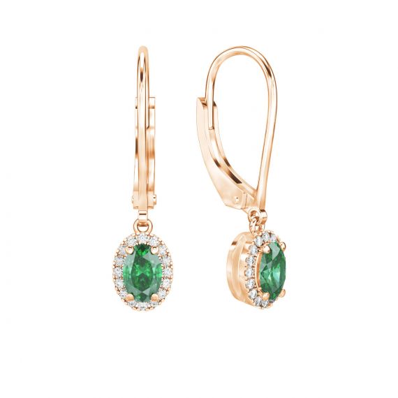 Boucles d'oreilles Halo Grace Ovale Ovale en Or Rose 18 cts Emeraude et Diamant 1