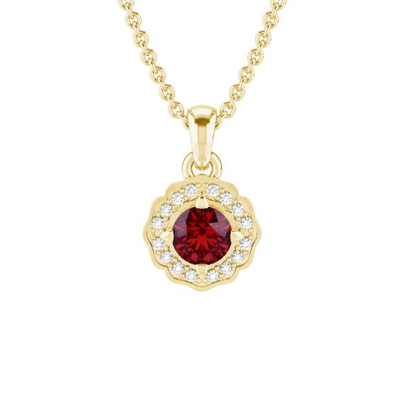 Pendentif Fleur Belle en Or Jaune 18 cts Grenat et Diamant 1