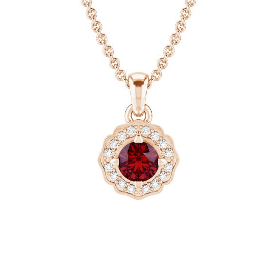 Pendentif Fleur Belle en Or Rose 18 cts Grenat et Diamant 1