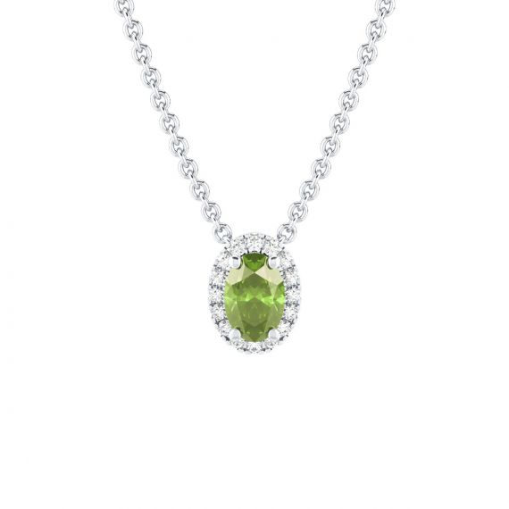 Collier Halo Grace Ovale en Or Blanc 18 cts Peridot et Diamant 1