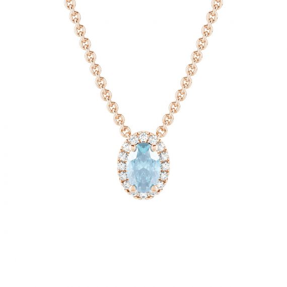 Collier Halo Grace Ovale en Or Rose 18 cts Aigue Marine et Diamant 1