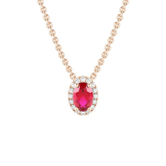 Collier Halo Grace Ovale en Or Rose 18 cts Rubis et Diamant 1